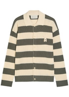 Ami Paris Logo-appliquéd Striped Fine-knit Cotton Shirt White