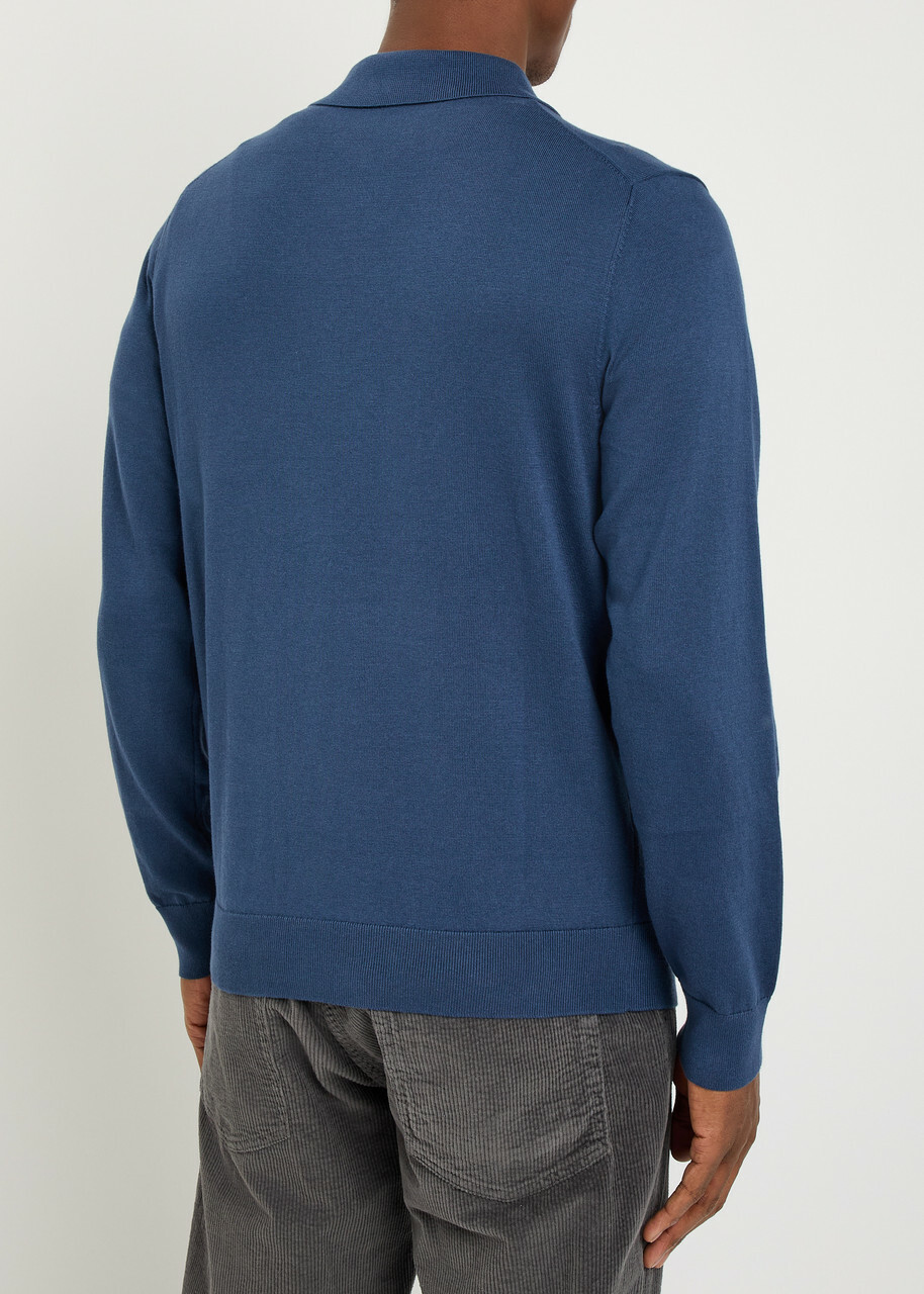 PS Paul Smith Stripe-trimmed Fine-knit Polo Jumper Blue