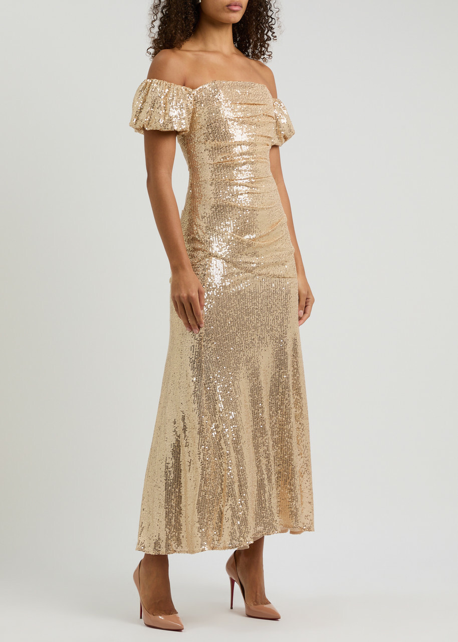 Needle & Thread Sunbeam Valentina Sequin-embellished Off-the-shoulder Tulle Gown Gold Needle & Thread Needle & Thread Sunbeam Valentina Sequin-embellished Off-the-shoulder Tulle Gown Gold Needle & Thread