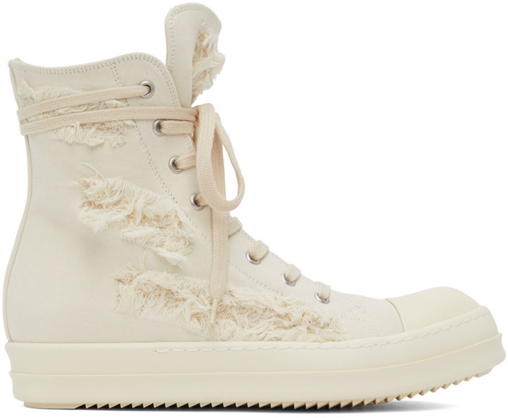 Photo: Rick Owens Drkshdw Off-White Distressed High-Top Sneakers
