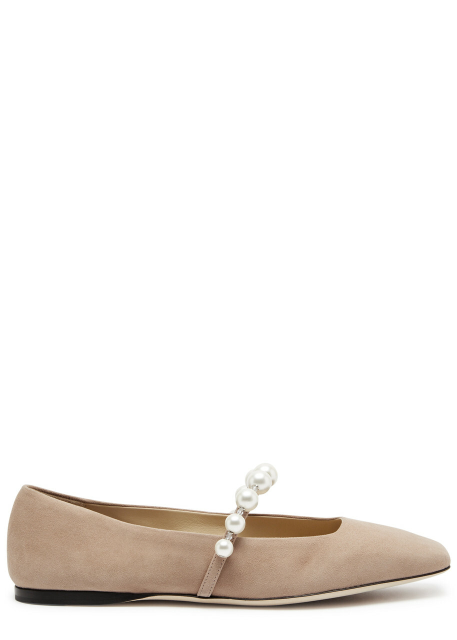 Jimmy Choo Ade Embellished Suede Ballet Flats Nude