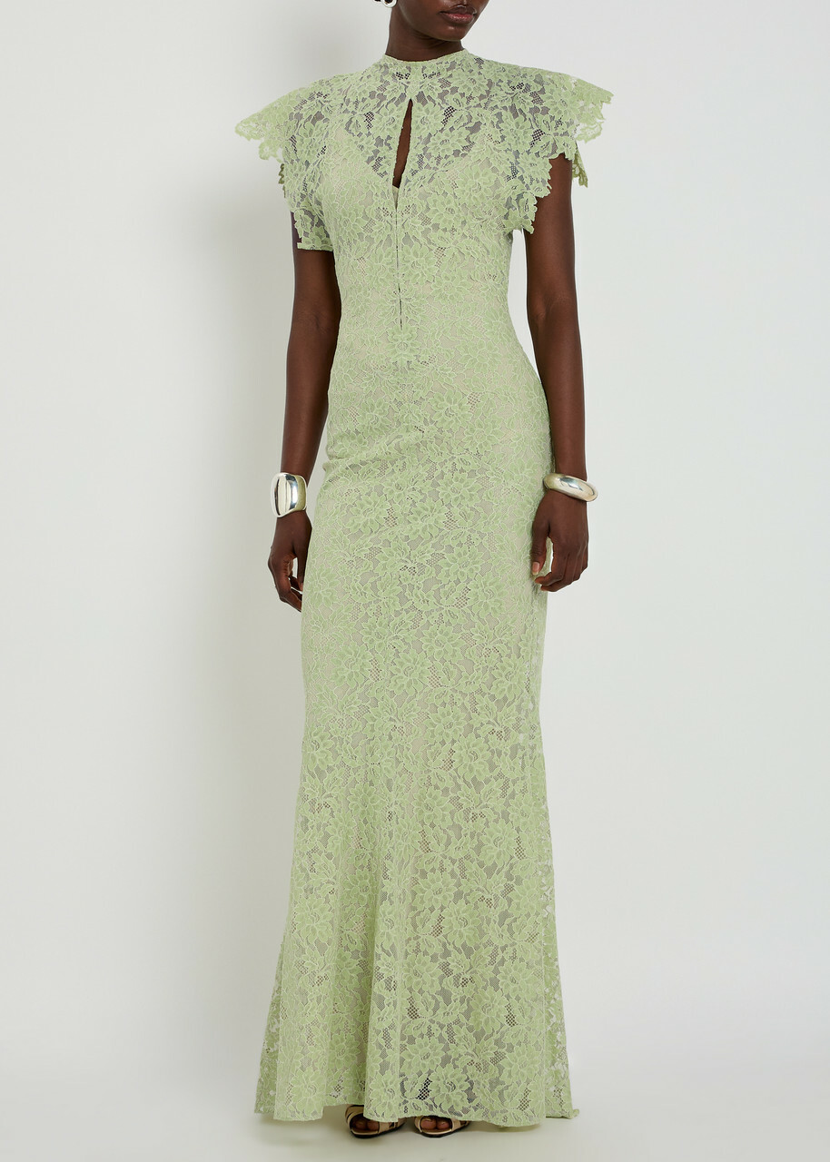 DE LA Vali Laia Floral Lace Maxi Dress Light Green