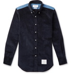 Thom Browne - Slim-Fit Button-Down Collar Denim-Panelled Cotton-Corduroy Shirt - Men - Navy