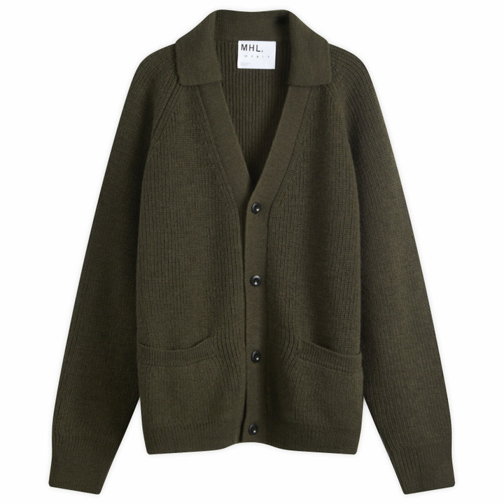 Photo: MHL by Margaret Howell Men's Collared Knit Cardigan in Dark Olive