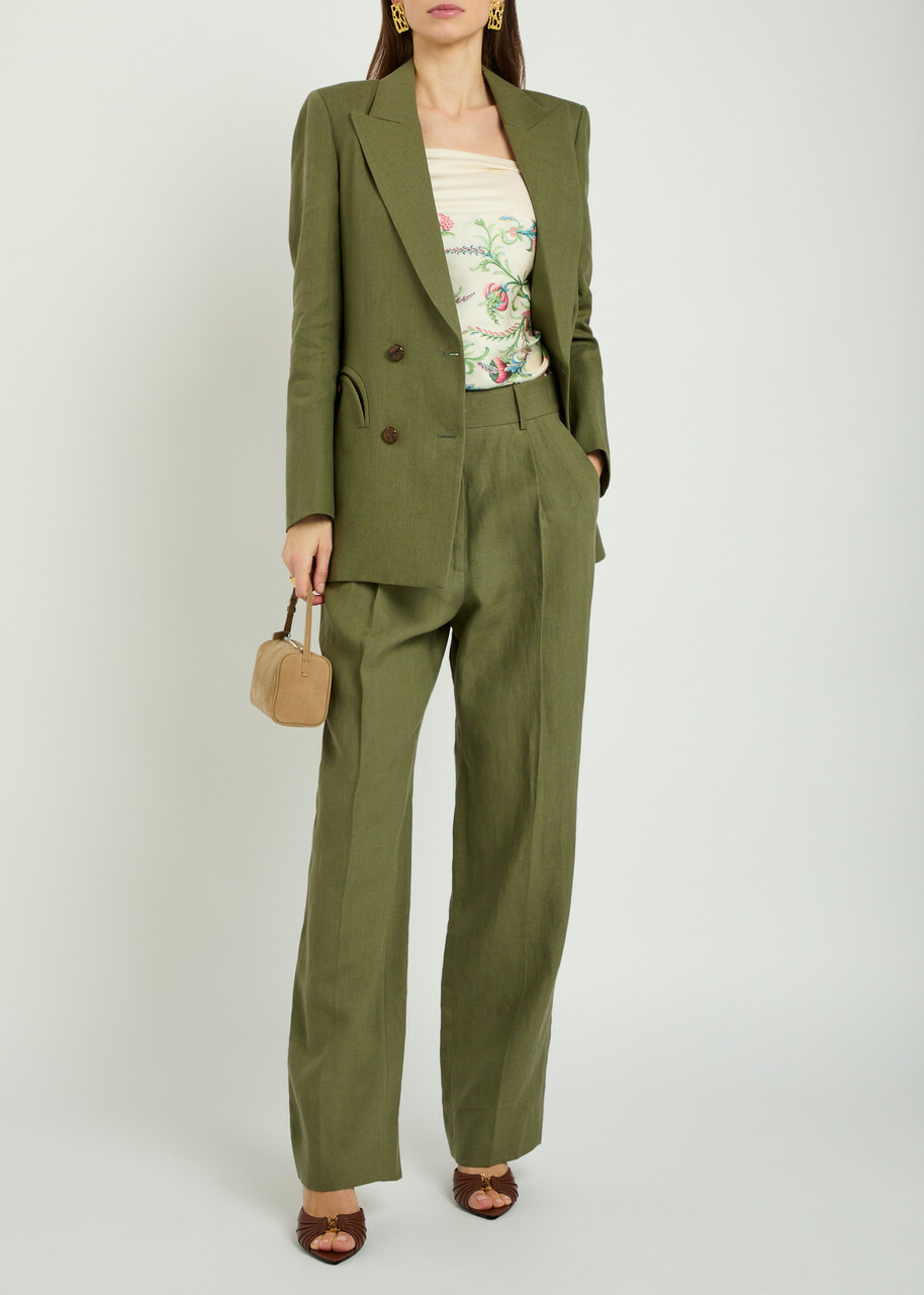 Blaze Milano Fox Pleated Straight-leg Linen Trousers Dark Green