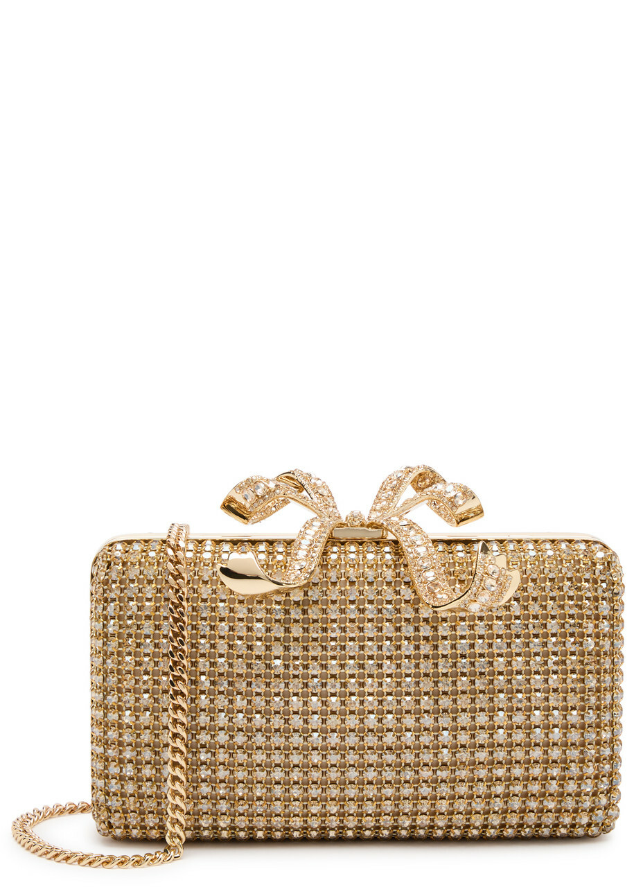 Self-portrait Crystal-embellished Satin box Clutch - Gold