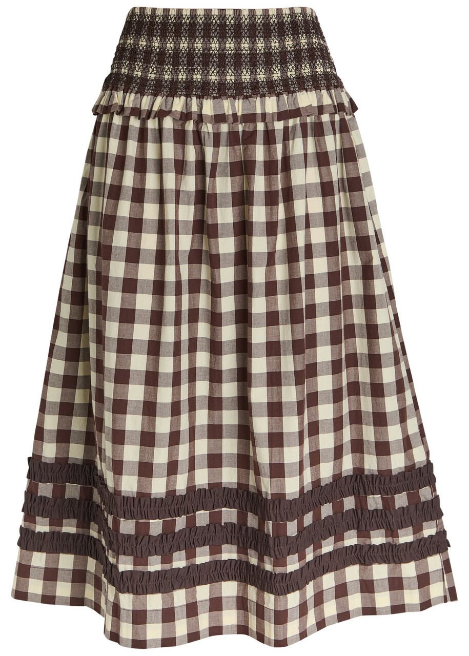 Damson Madder Ava Checked Ruffled Cotton Midi Skirt Black