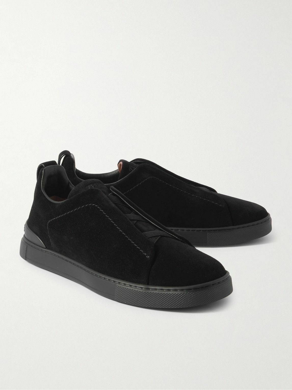 【Zegna】 Triple Stitchスエード slip-onスニーカー Zegna - Triple Stitch™ Suede Slip-On Sneakers - Black Zegna