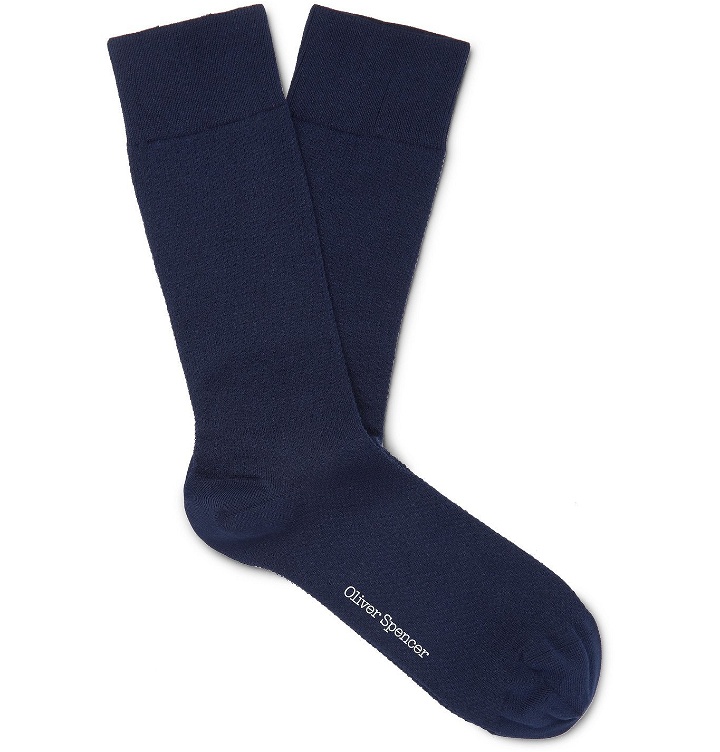 Photo: Oliver Spencer Loungewear - Miller Mélange Stretch Cotton-Blend Socks - Blue
