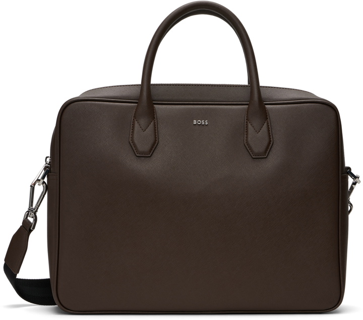 Photo: BOSS Brown Logo Lettering Grained Briefcase