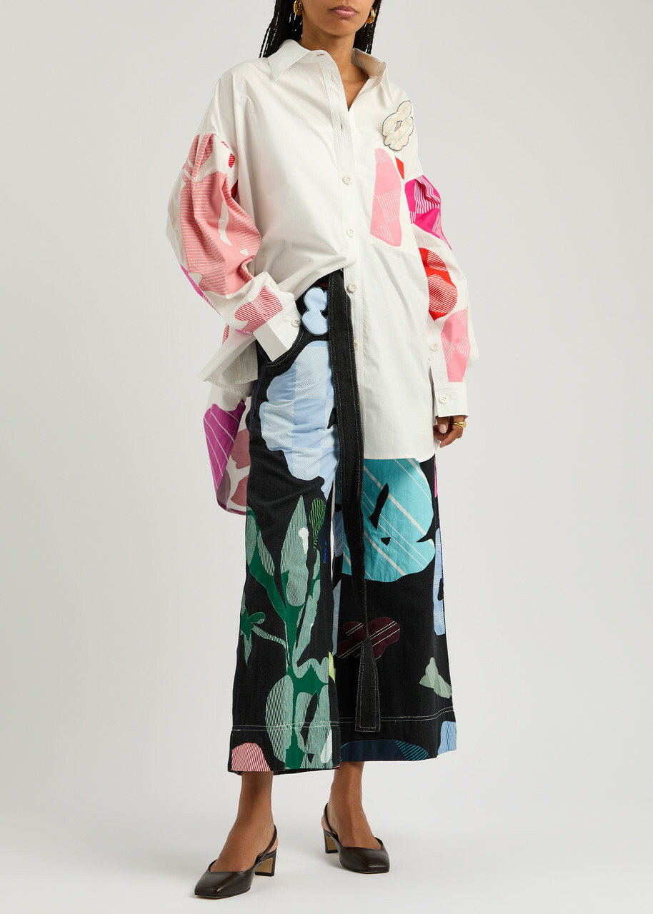 Lovebirds Printed and Appliquéd Chambray Trousers Black