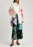 Lovebirds Printed and Appliquéd Chambray Trousers Black