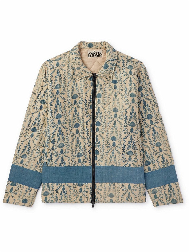 Photo: Kartik Research - Panelled Quilted Printed Silk Jacket - Blue