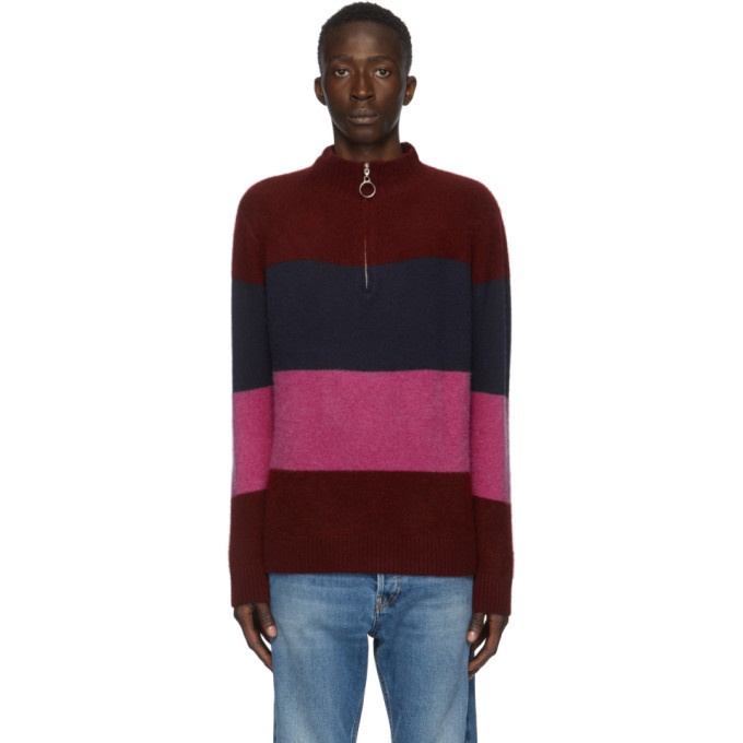 Photo: The Elder Statesman Burgundy and Multicolor Three Block Half-Zip Sweater