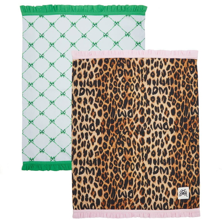 Photo: Damson Madder Women's Set of Two Ruffle Tea Towels in Leopard/Blue Bows 