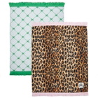 Damson Madder Women's Set of Two Ruffle Tea Towels in Leopard/Blue Bows 