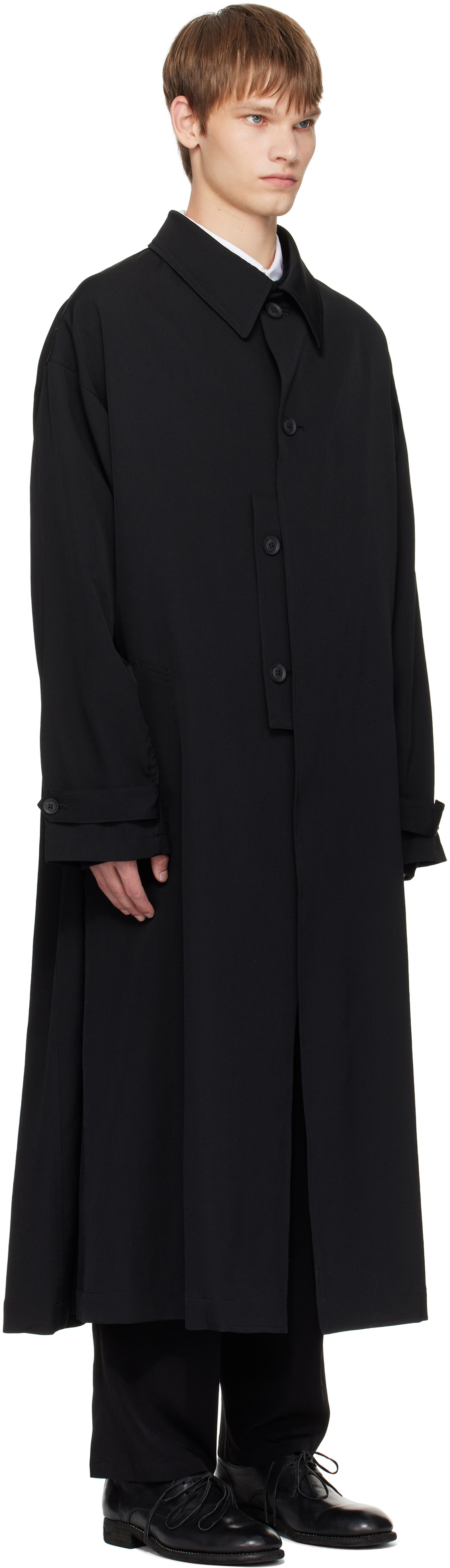 YOHJI YAMAMOTO Black Wool Gabardine Designed Sleeve Coat