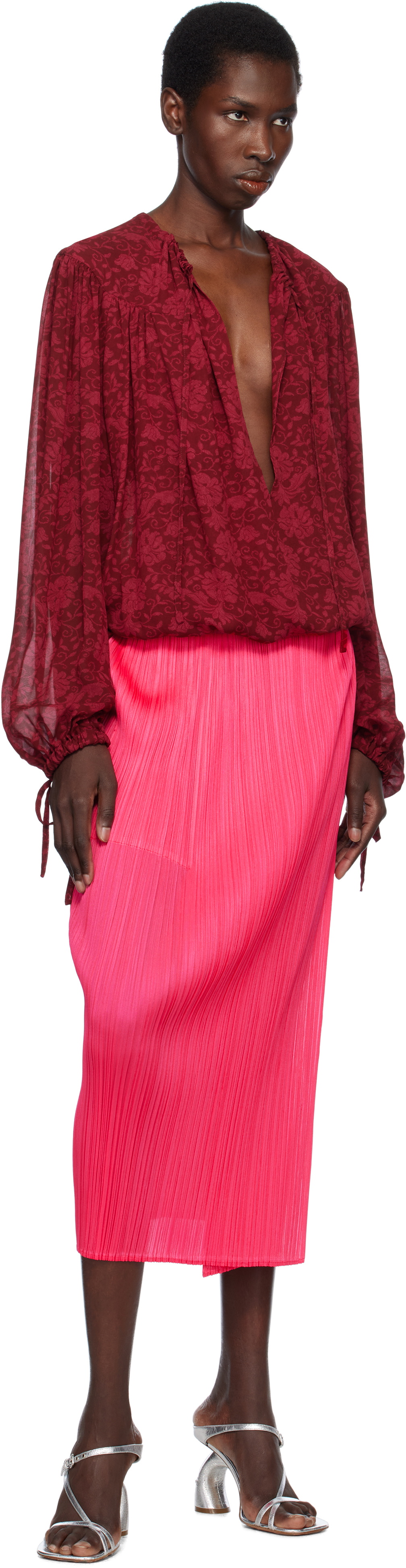 PLEATS PLEASE フレアスカート レッド　幾何学　ピンク PLEATS PLEASE ISSEY MIYAKE Pink Monthly Colors March Midi Skirt