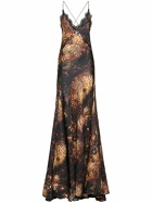 ROBERTO CAVALLI Printed Silk Twill Long Dress with Lace