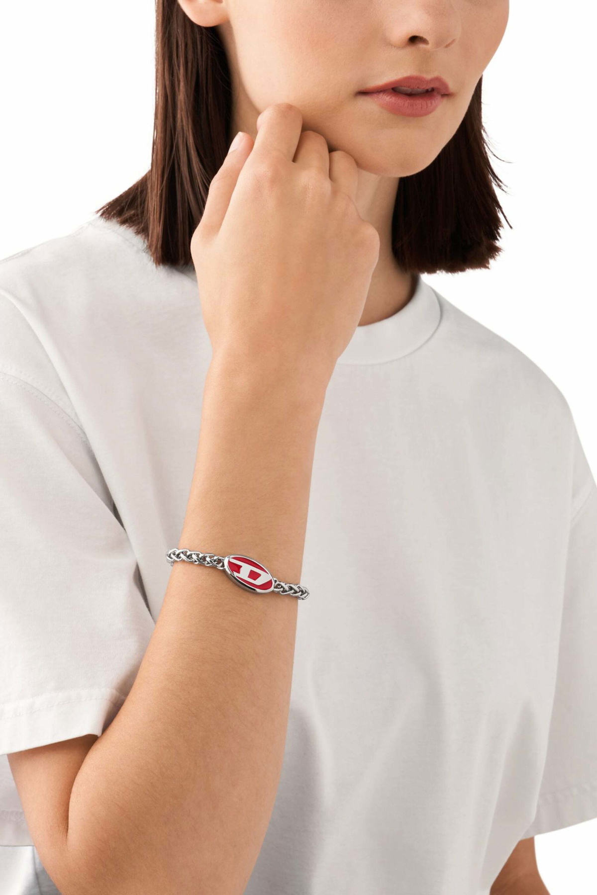 Diesel Red enamel and stainless steel chain bracelet - Bracelets - Unisex - Silver