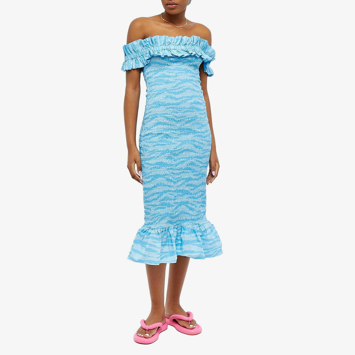 GANNI Women's Off-Shoulder Smock Midi Dress in Ethereal Blue GANNI