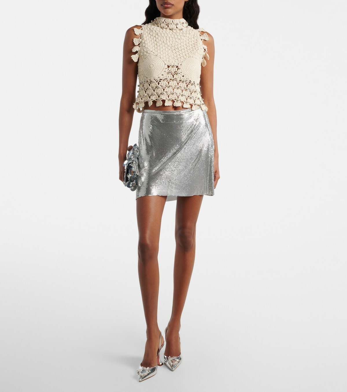 Rabanne Embellished cotton crochet top