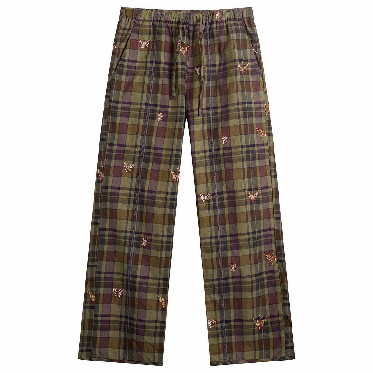 Needles Men's Embroidered Madras Plaid Easy Pants in Brown