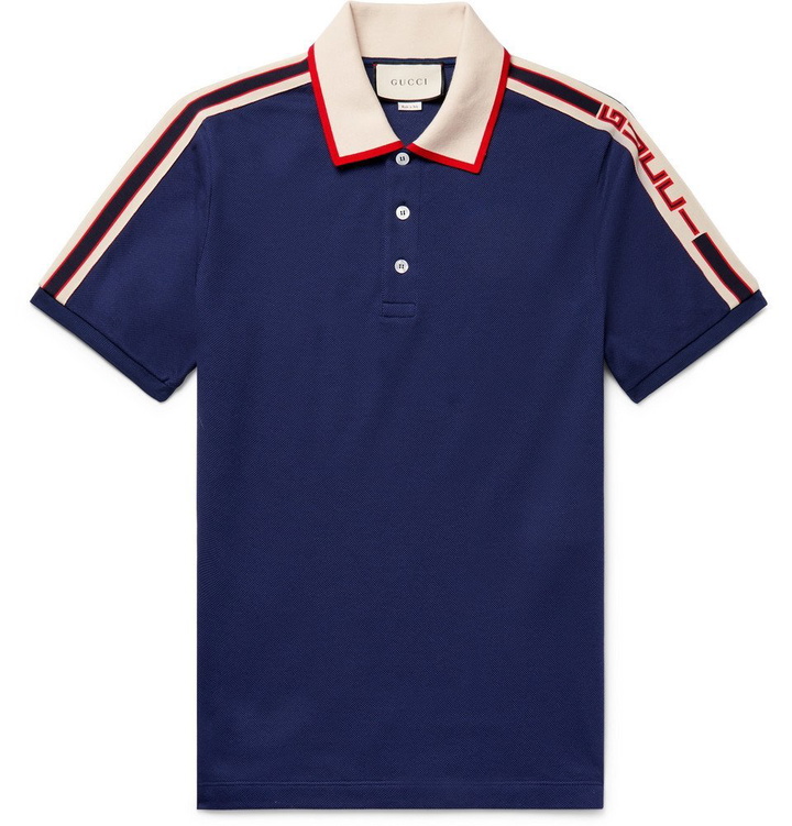 Photo: Gucci - Webbing-Trimmed Stretch-Cotton Piqué Polo Shirt - Men - Navy