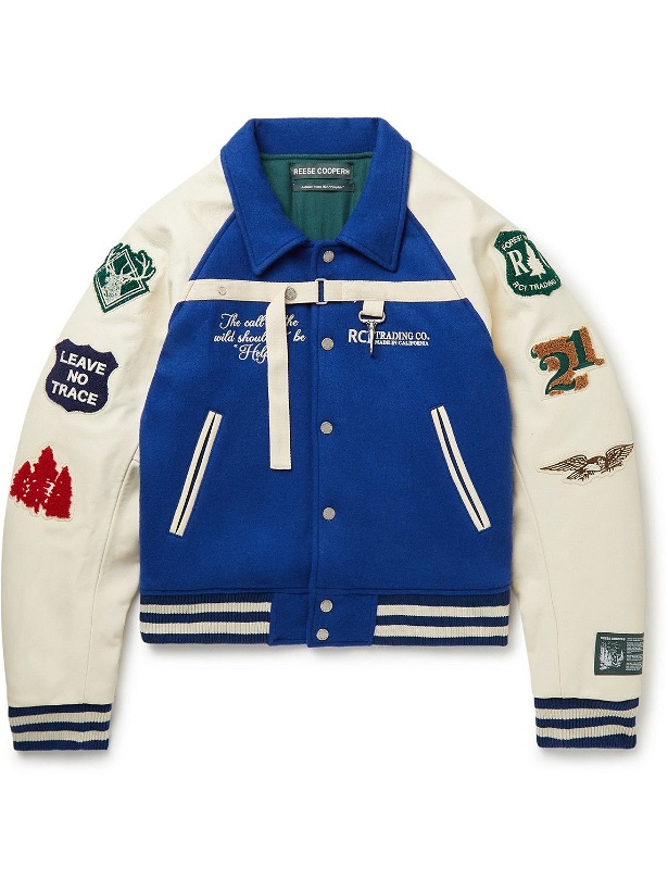 Photo: Reese Cooper® - Call of The Wild Leather-Trimmed Wool Varsity Jacket - Blue