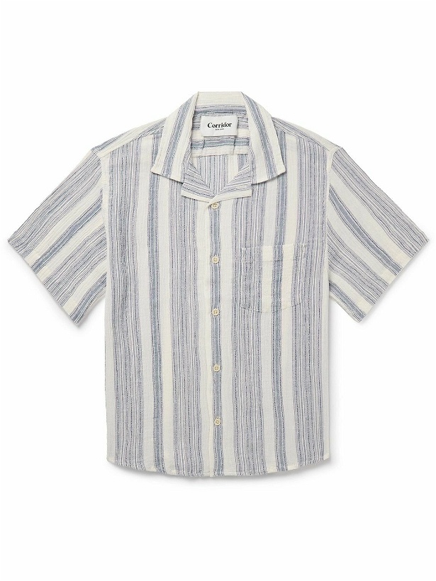 Photo: Corridor - Tallis Camp-Collar Striped Cotton-Gauze Shirt - Gray