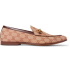 Gucci - Jordaan Horsebit Leather-Trimmed Monogrammed Canvas Loafers - Light brown