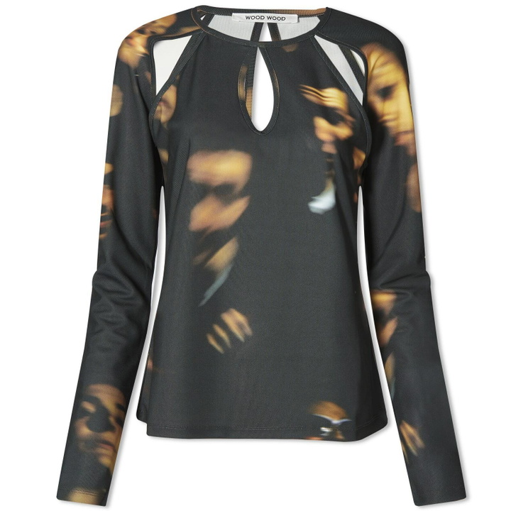 Photo: Wood Wood Women's Emma Cut Out Mesh Top in Red Aop
