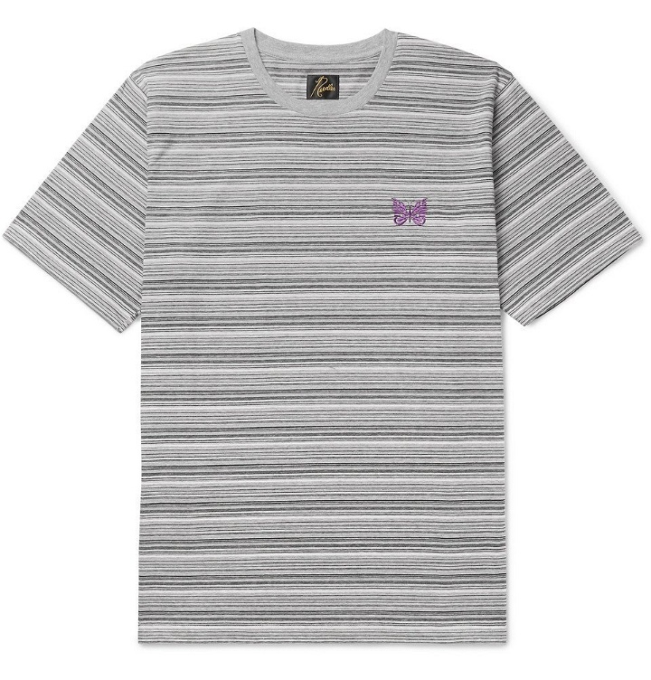 Photo: Needles - Embroidered Striped Cotton-Jersey T-Shirt - Gray