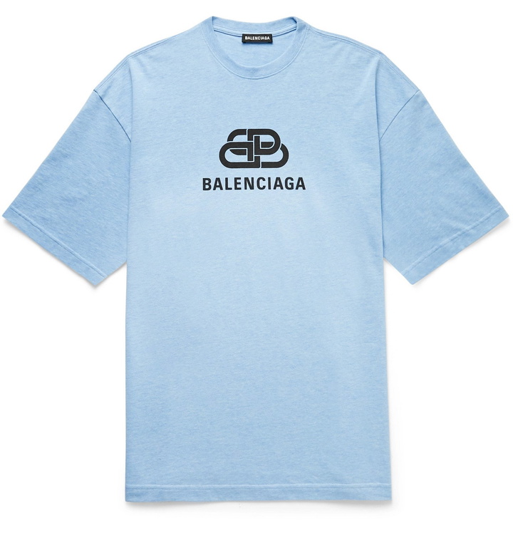 Photo: Balenciaga - Oversized Logo-Print Mélange Cotton-Jersey T-Shirt - Blue