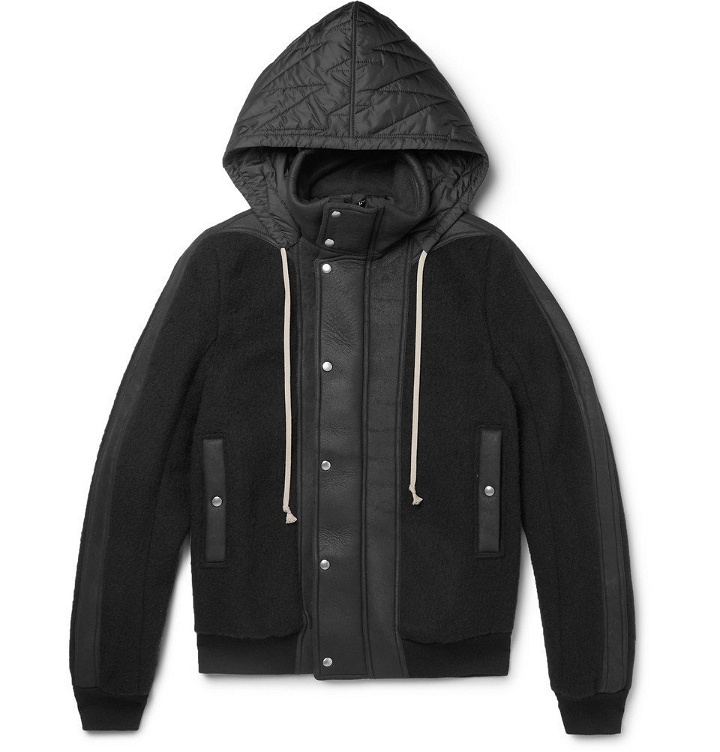 Photo: Rick Owens - Shell and Leather-Panelled Wool-Fleece Hooded Jacket - Black