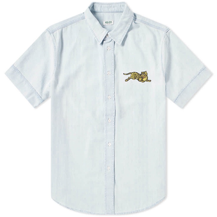 Photo: Kenzo Short Sleeve Jumping Tiger Logo Denim Shirt Light Blue