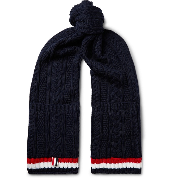 Photo: Thom Browne - Striped Cable-Knit Merino Wool Scarf - Blue