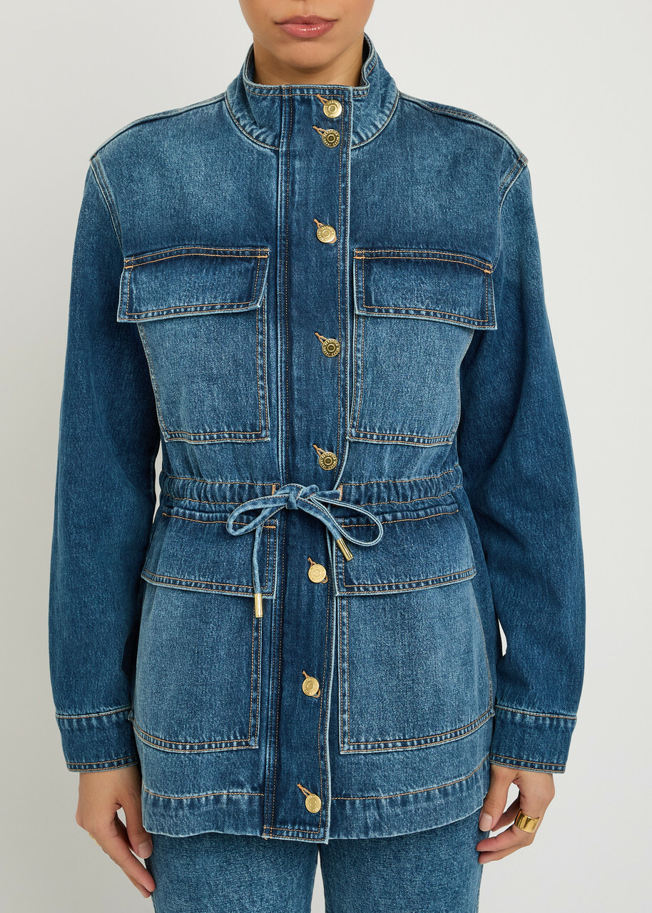 Veronica Beard Truman Drawstring Denim Jacket Mid Blu