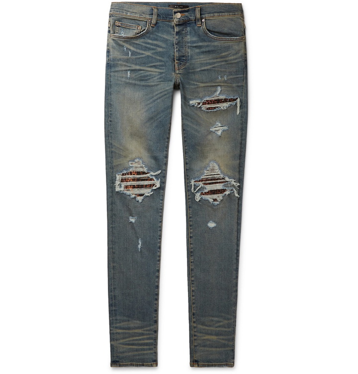 Photo: AMIRI - MX1 Skinny-Fit Panelled Distressed Stretch-Denim Jeans - Blue