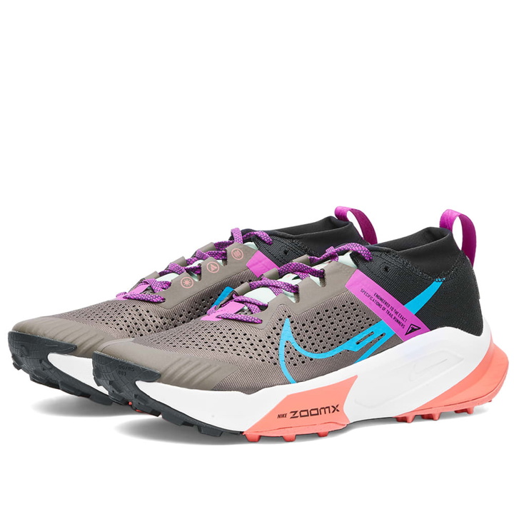 Photo: Nike Men's ZoomX Zegama Trail Sneakers in Ironstone/Laser Blue/Vivid Purple