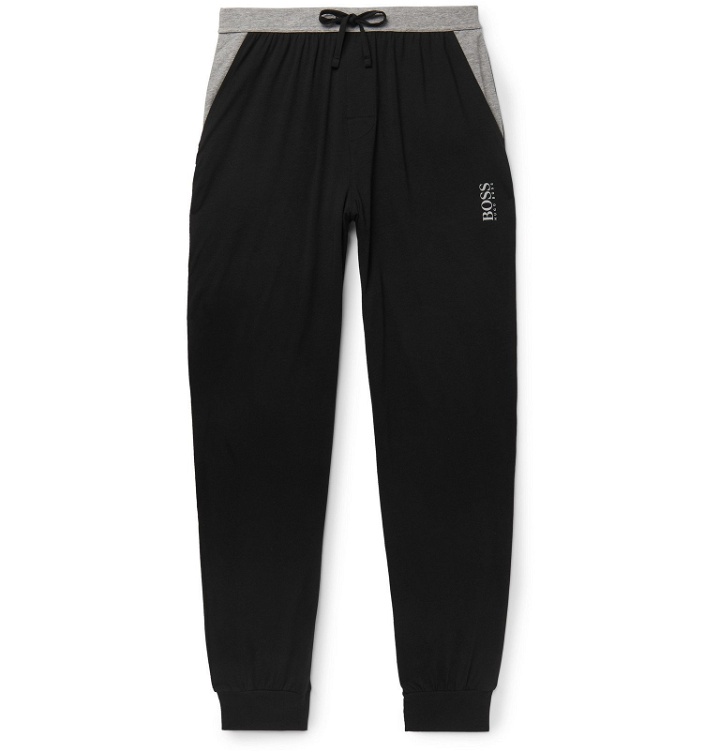 Photo: Hugo Boss - Tapered Colour-Block Stretch Cotton and Modal-Blend Sweatpants - Black