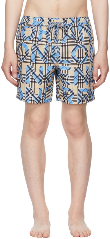 Photo: Burberry Blue Logo & Check Print Swim Shorts