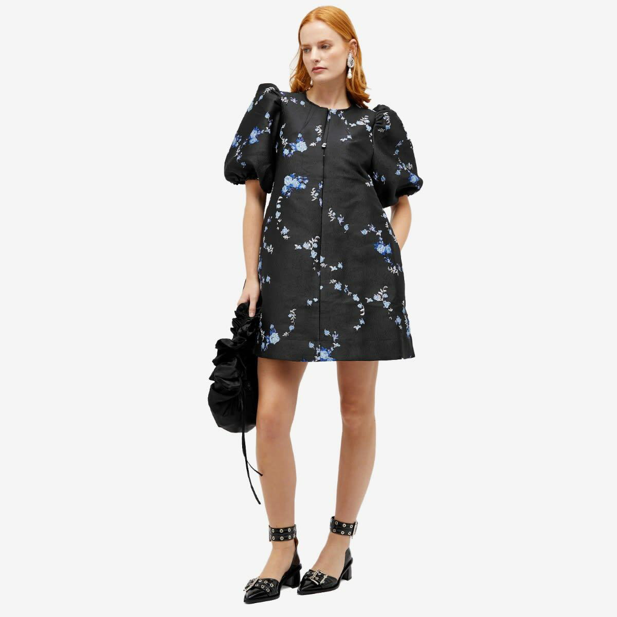 GANNI Women's 3D Jacquard A-shaped Zip Mini Dress in Black GANNI