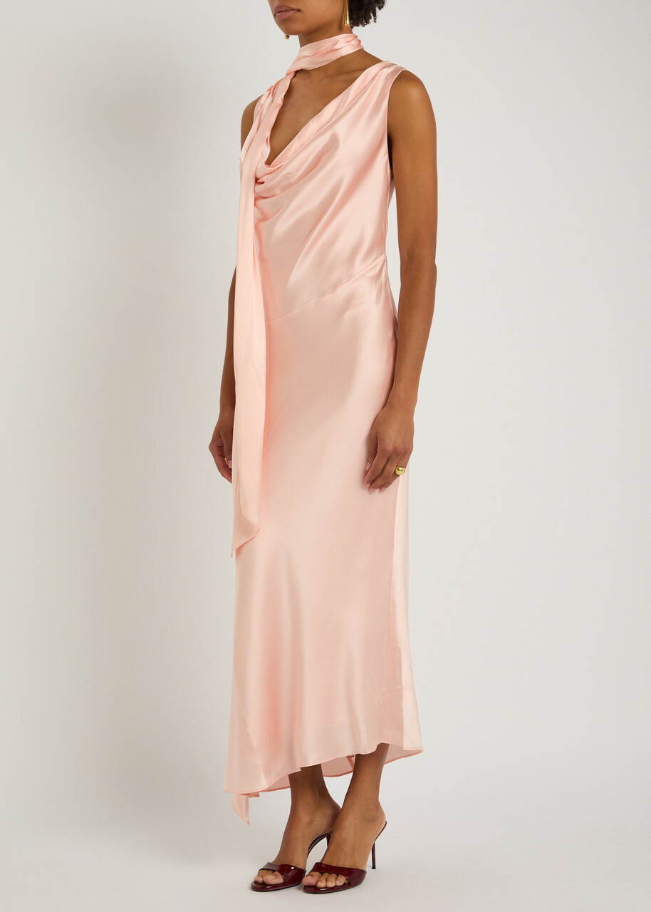 DE LA Vali Thebe Scarf-effect Draped Silk-satin Midi Slip Dress Light Pink