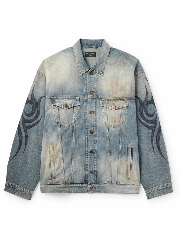 Photo: Balenciaga - Oversized Distressed Printed Denim Jacket - Blue