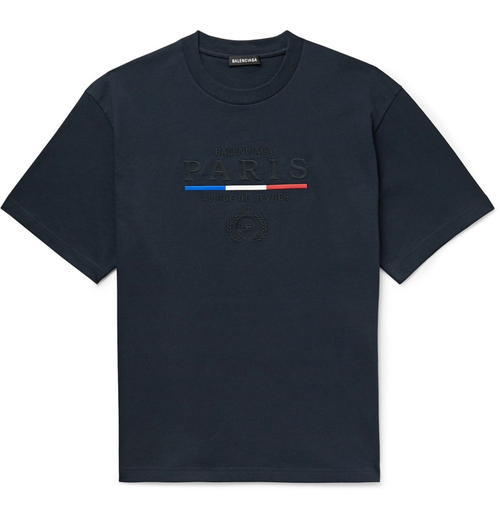 Photo: Balenciaga - Paris Flag Logo-Embroidered Cotton-Jersey T-Shirt - Blue