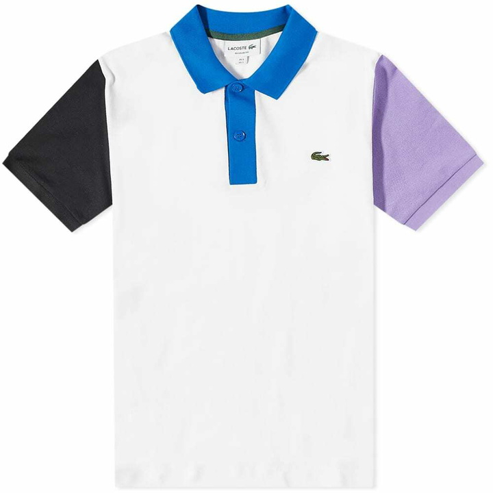 Photo: Lacoste Men's Colour Block Polo Shirt in White/Black/Neva Lilac