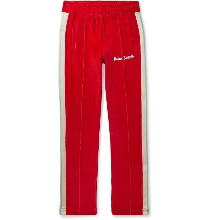 Photo: Palm Angels - Slim-Fit Webbing-Trimmed Cotton-Blend Velvet Track Pants - Red