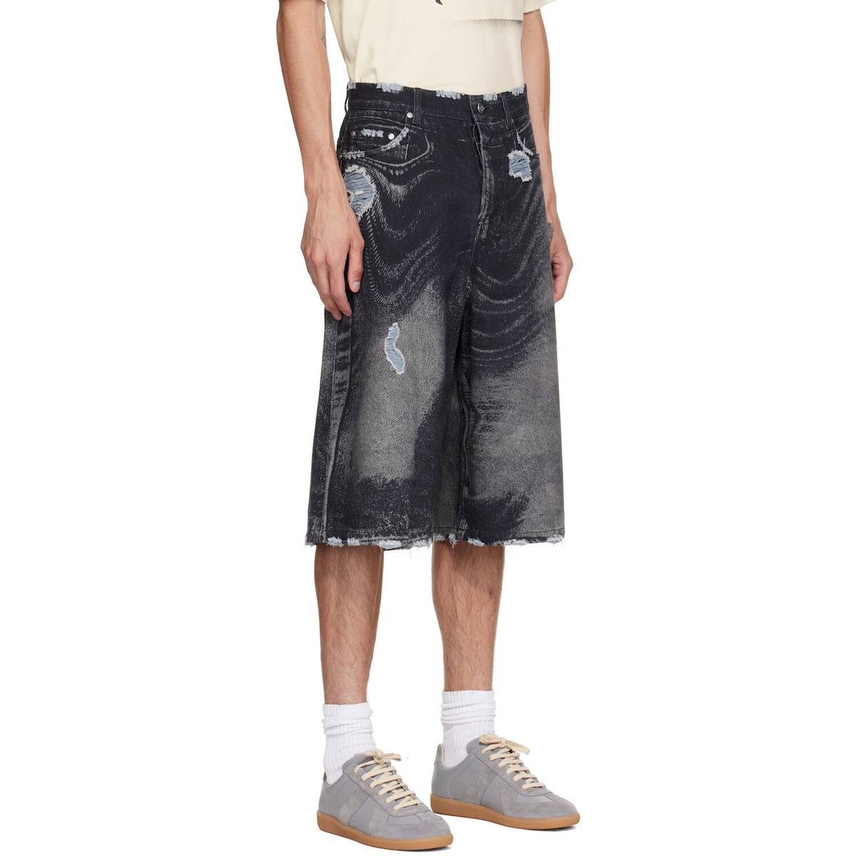 CAMPERLAB Black Distorted Print Distressed Denim Shorts