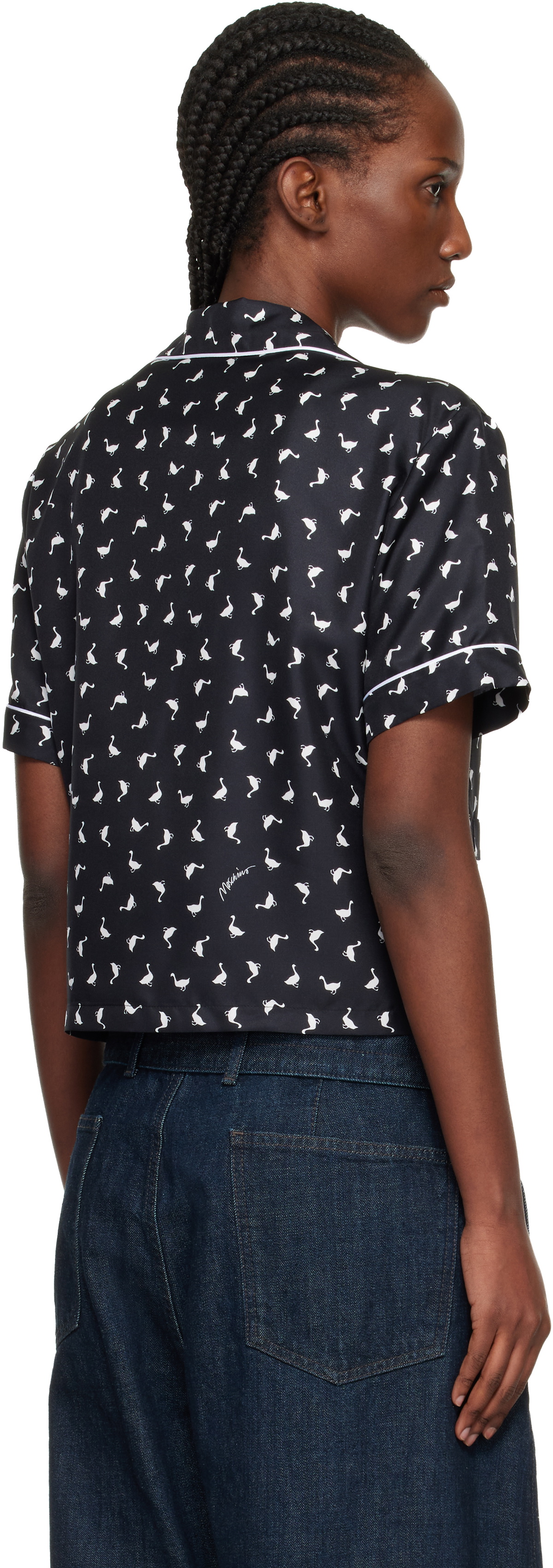 Moschino Black All Over Small Goose Print Silk Twill Blouse